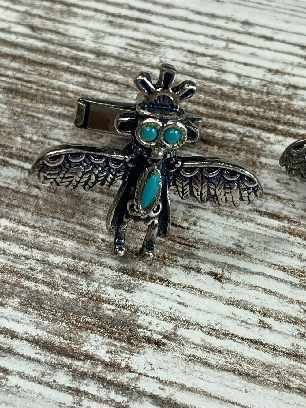 Vtg 1970s Thunderbird Cufflinks Tie Tac Set Faux Turquoise Fred Harvey Style
